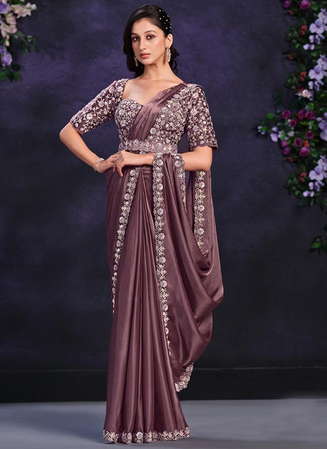 Crape Satin Silk Light Brown Party Wear Sequence Work Saree